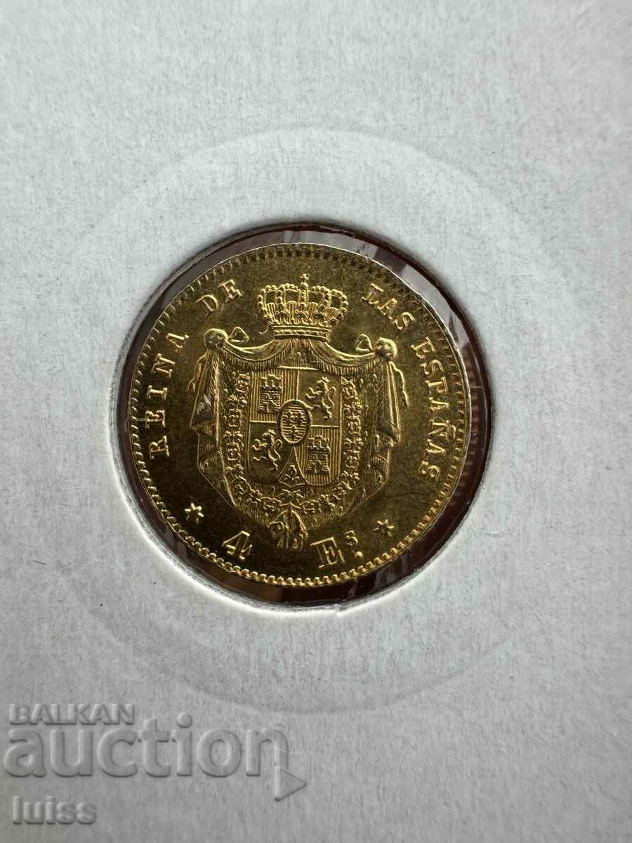 Gold coin Spain 4 Escudo 1867. Isabella II