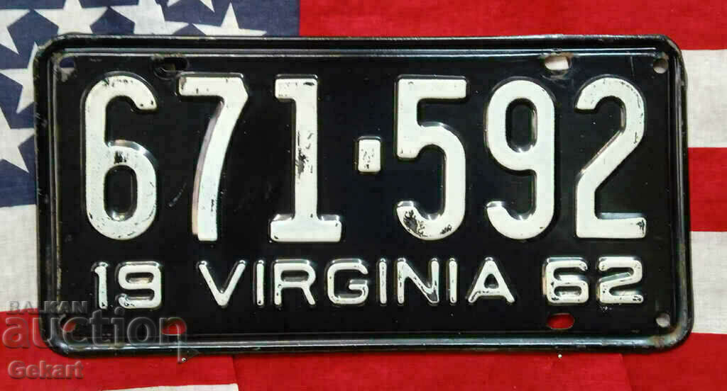 Πινακίδα αμερικανικής πινακίδας VIRGINIA 1962