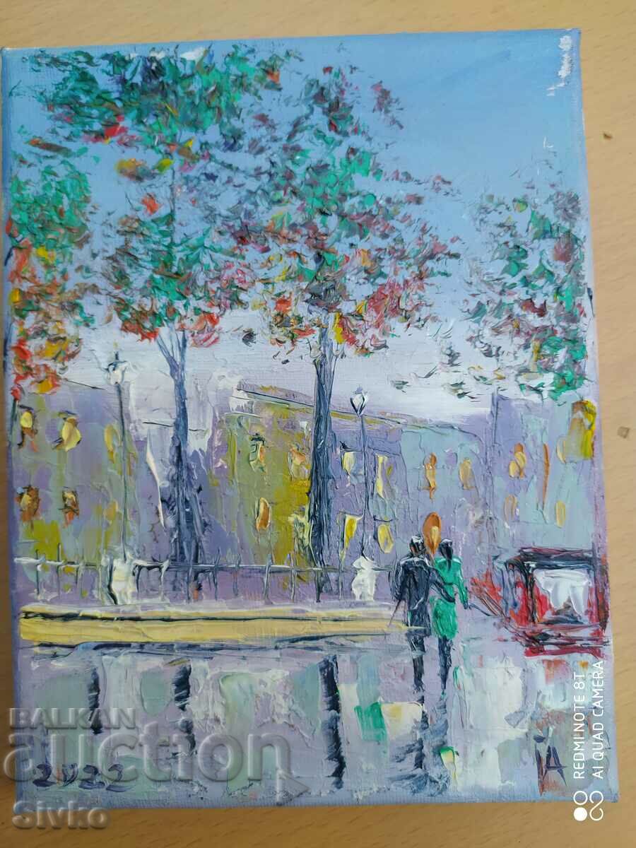 Painting, oil on canvas, cityscape, signed