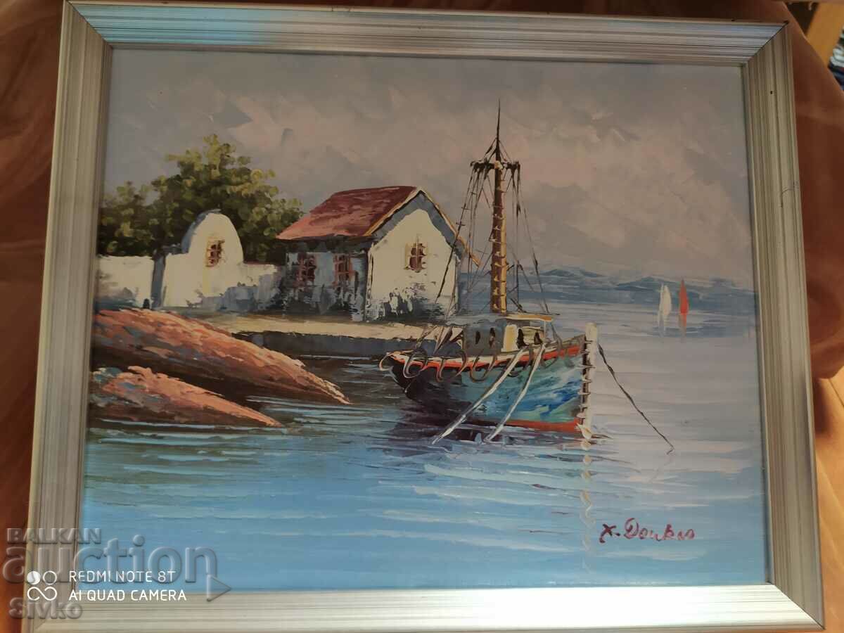 Painting, canvas, oil, boat, signed