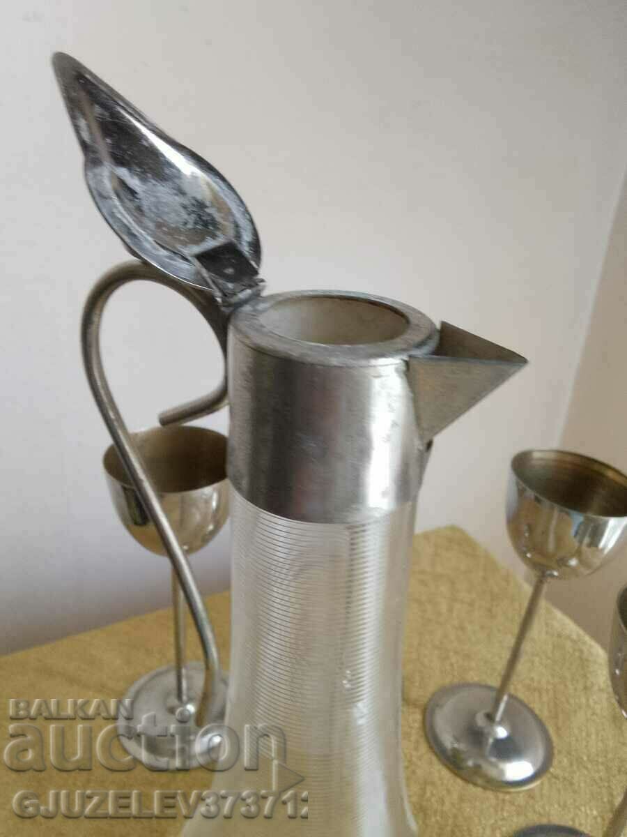 Art Deco jug glass metal 4 cups Rare find with price 290.00 BGN | € 148.27