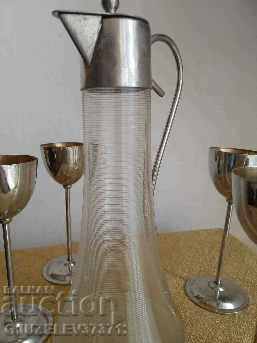 Auction  Art Deco jug glass metal 4 cups Rare find