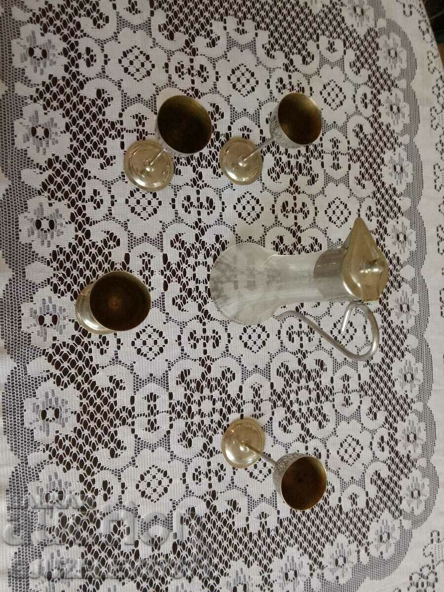 Delivery of Art Deco jug glass metal 4 cups Rare find