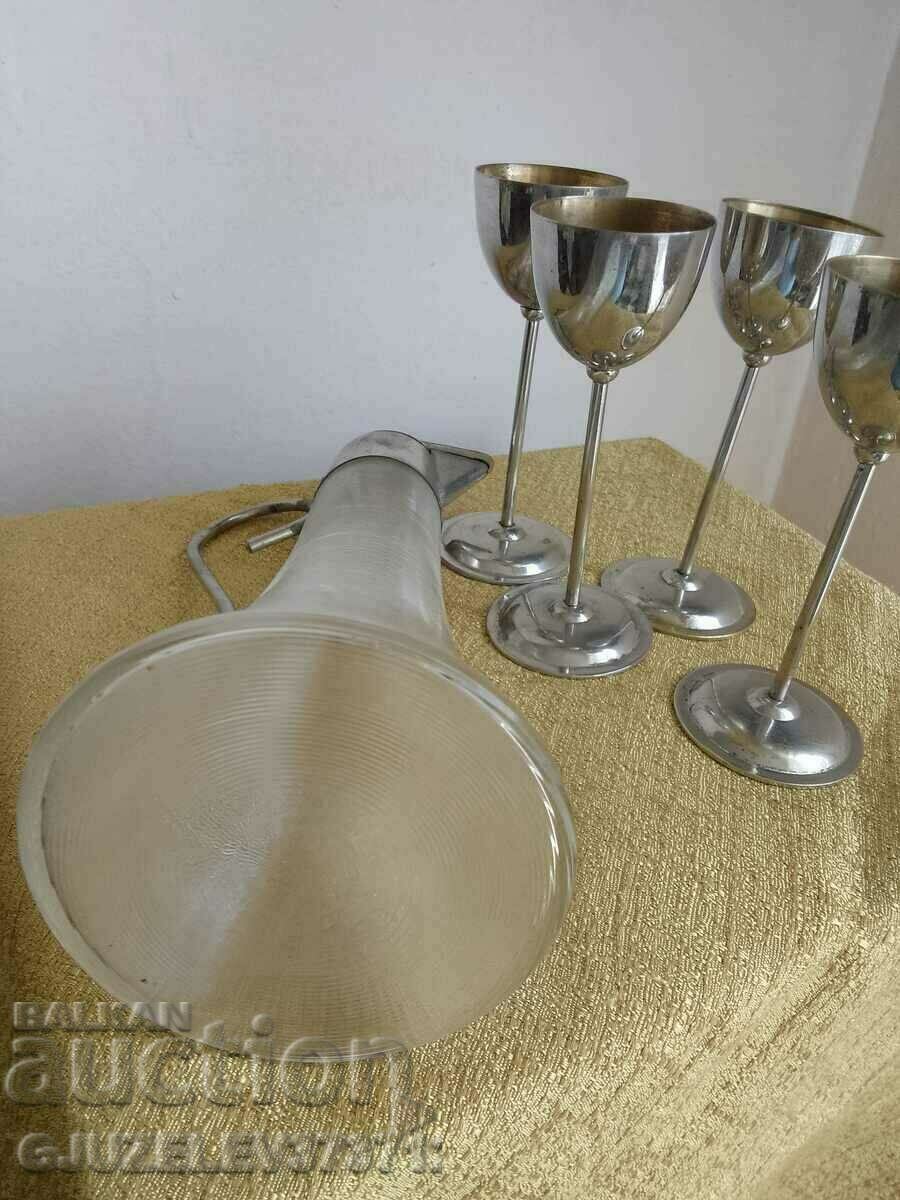 Art Deco jug glass metal 4 cups Rare find - 5