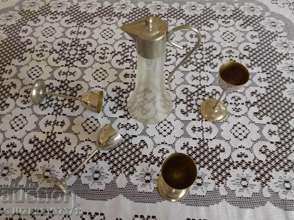 Art Deco jug glass metal 4 cups Rare find - 7