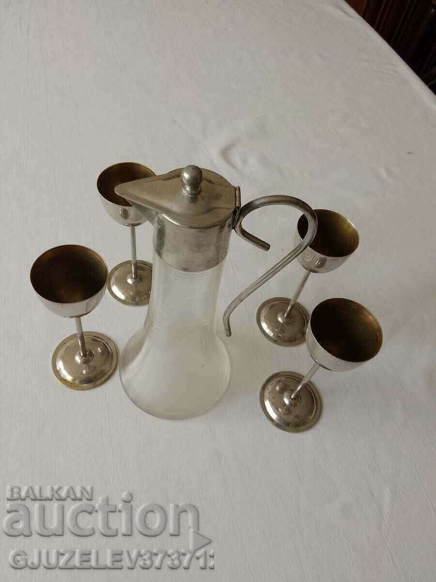 Art Deco jug glass metal 4 cups Rare find