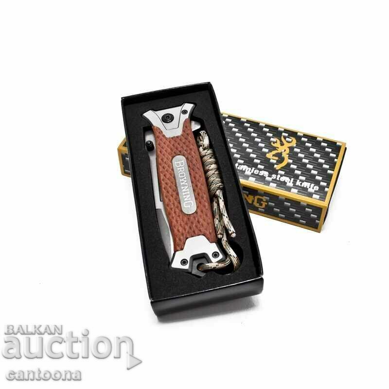 Παράδοση Browning 364 πτυσσόμενο μαχαίρι, ανάγλυφη ξύλινη λαβή, 95 x 220