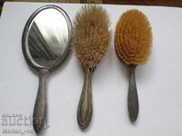 Old silver plated two brushes and a mirror