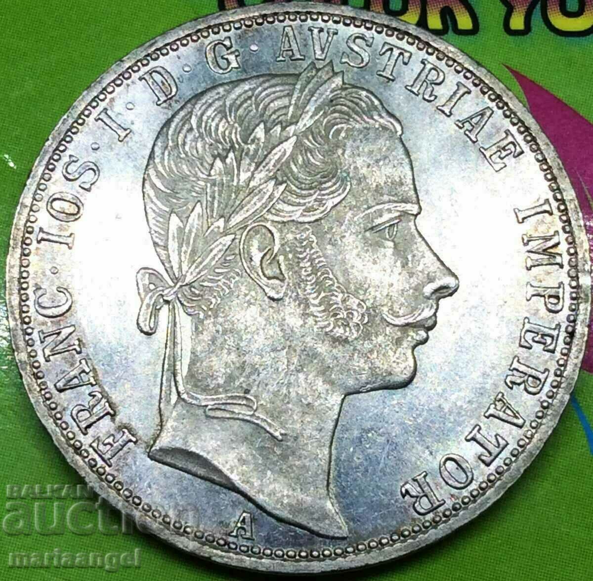 Австрия 1 флорин 1860 А - Вена сребро Златна Патина - Лукс