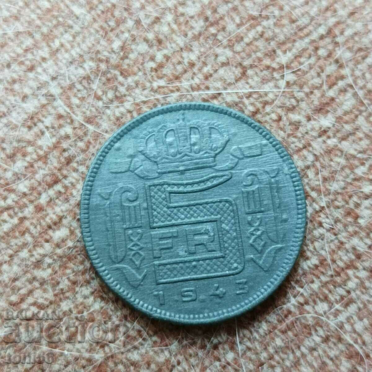 Belgium 5 francs 1943 zinc
