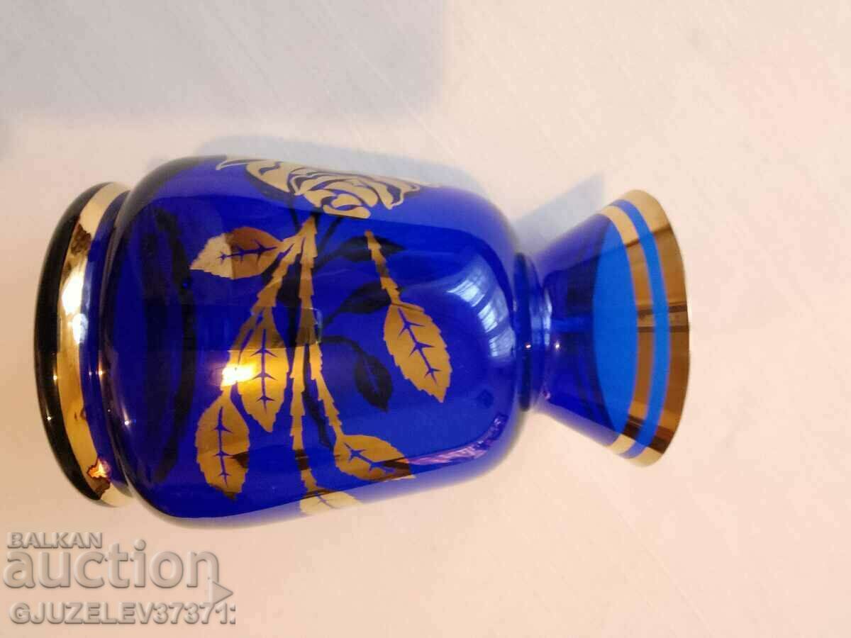 Auction Blue with Gold Flowers Crystal Glass Vase Bohemia Auction Blue with Gold Flowers Crystal Glass Vase Bohemia