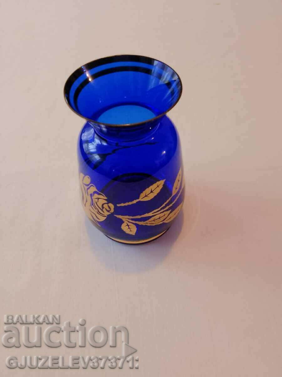 Blue with Gold Flowers Crystal Glass Vase Bohemia - 6 Blue with Gold Flowers Crystal Glass Vase Bohemia - 6