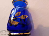 Синя с  златни цветя кристална стъклена ваза Бохемия
