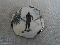 Old silver badge brooch (silver and enamel) - skier, ski