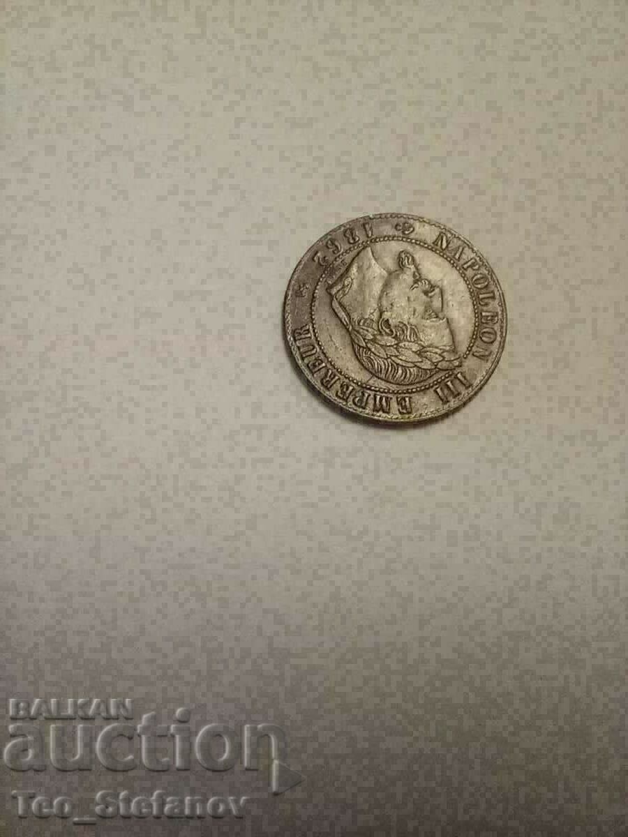 1 Centime 1862 Napoleon III AU+ Rare