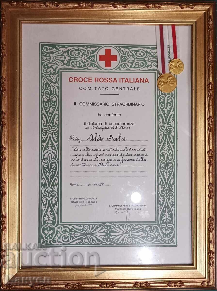 Medalia "Crucea Rosie" Italia secolul III cu document si miniatura.