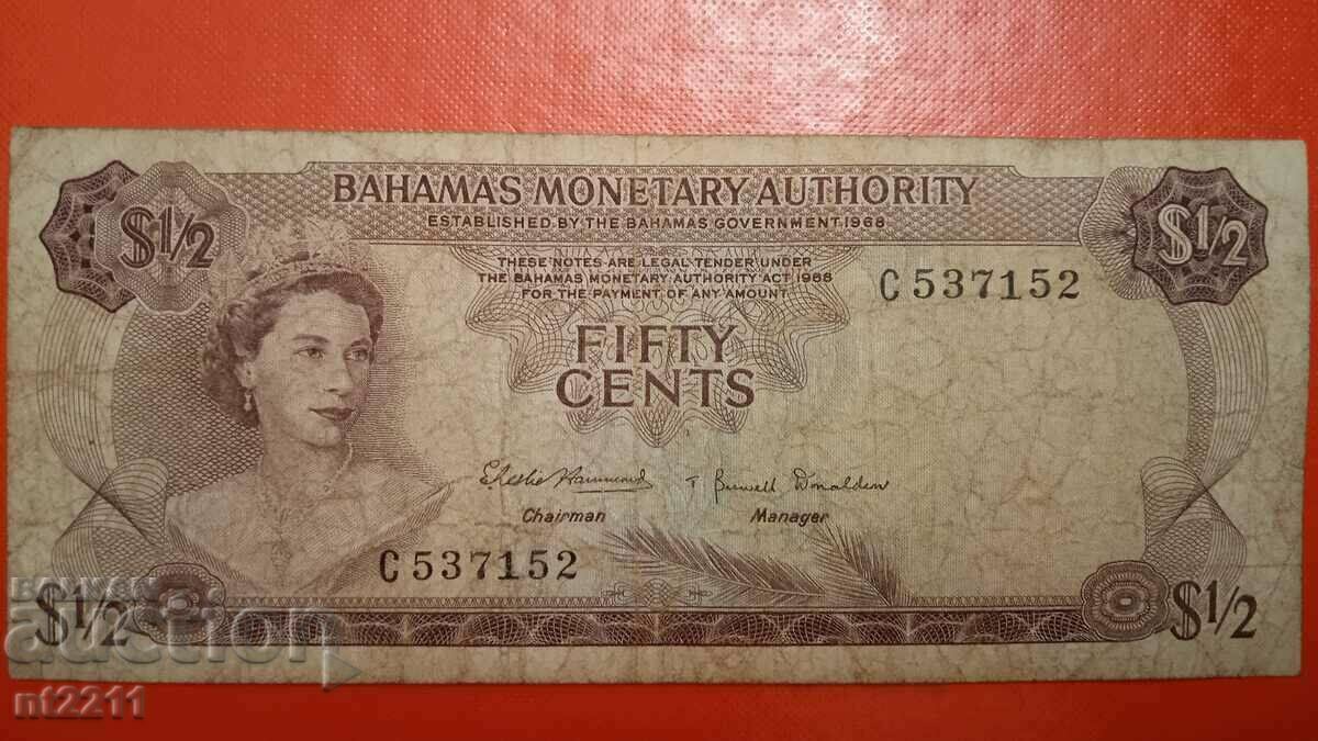 Bancnota 1/2 dolar Bahamas 1968.