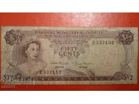 Банкнота 1/2 долар Бахами 1968г.