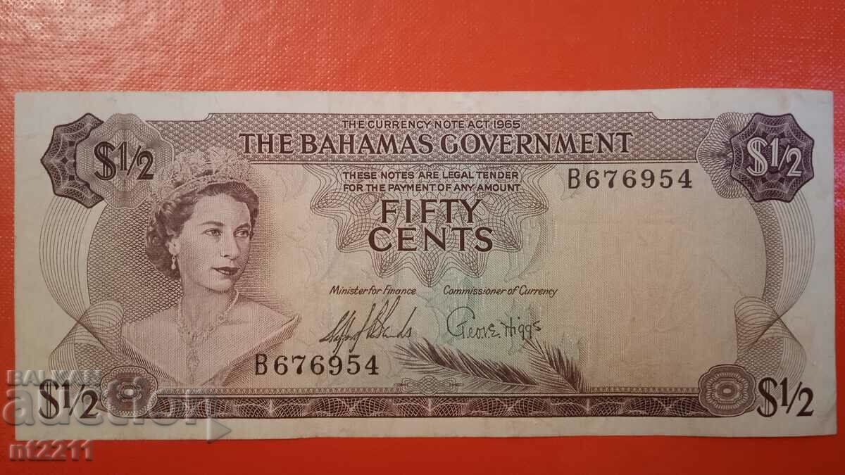 Банкнота 1/2 долар Бахами 1965г.