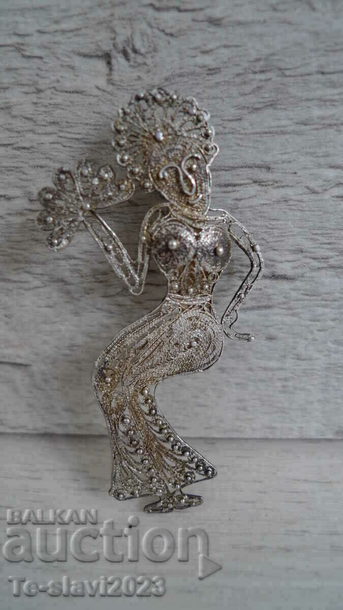 Old Silver Brooch - WOMAN WITH A FAN - filigree