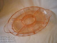 Art Deco glass plate for hors d'oeuvres pink color