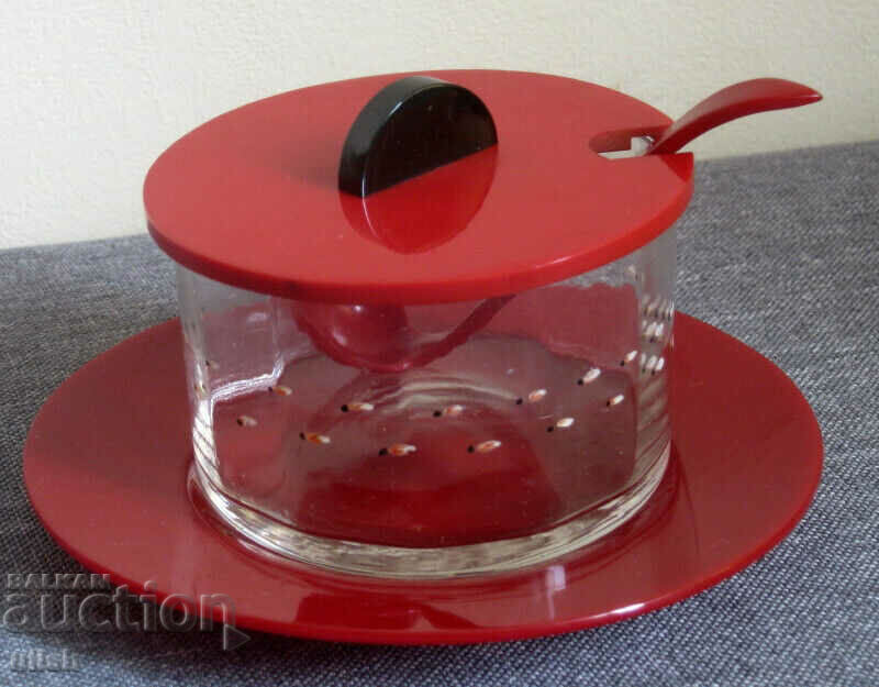 Old Art Deco red bakelite sugar bowl set plate