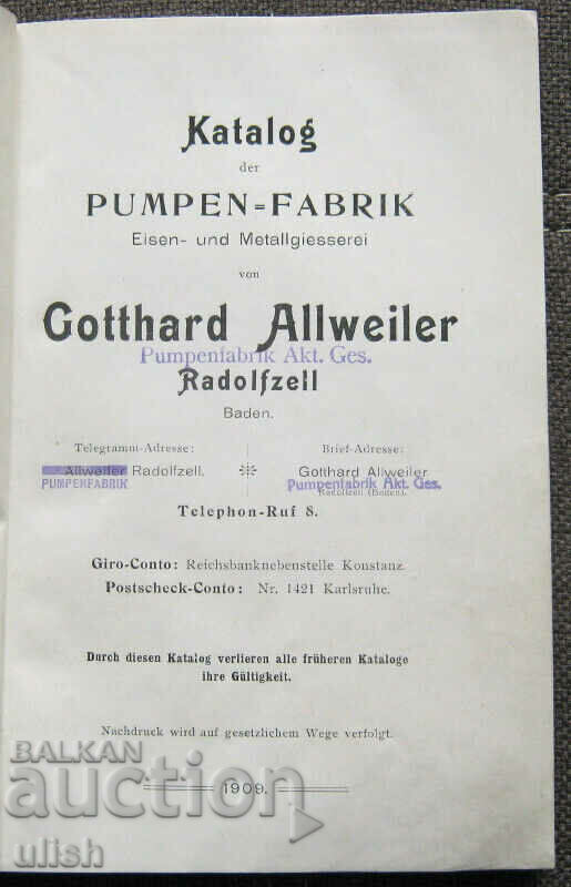 Auction 1909 Pumpen Fabrik Gotthard ALLWEILER pumps catalog Auction 1909 Pumpen Fabrik Gotthard ALLWEILER pumps catalog