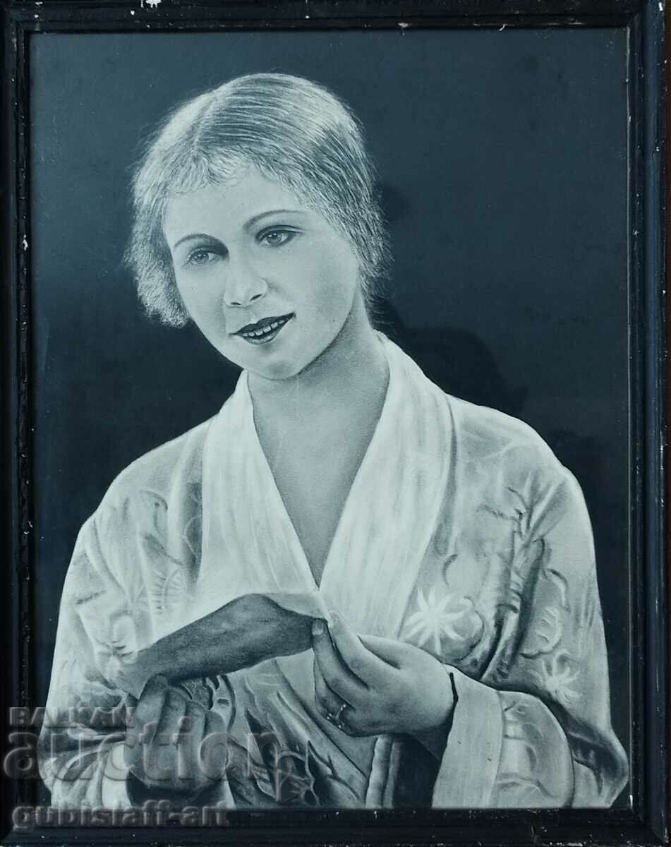 Old painting, portrait, woman in kimono, I. Radulov, 1930s BZC