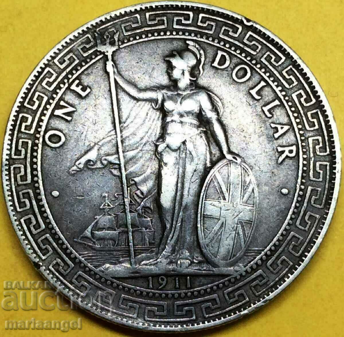 1 dolar comercial 1911 Marea Britanie Hong Kong Argint