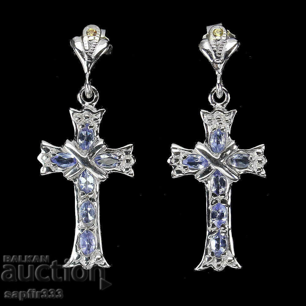 DESIGNER EARRINGS TANZANITE AND SAPPHIRE "CROSSES"