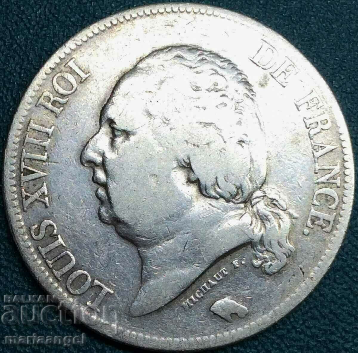 5 Francs 1824 W - Lille France Louis XVIII Silver