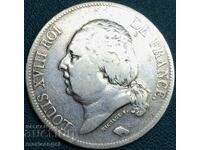 5 Francs 1824 W - Lille France Louis XVIII Silver