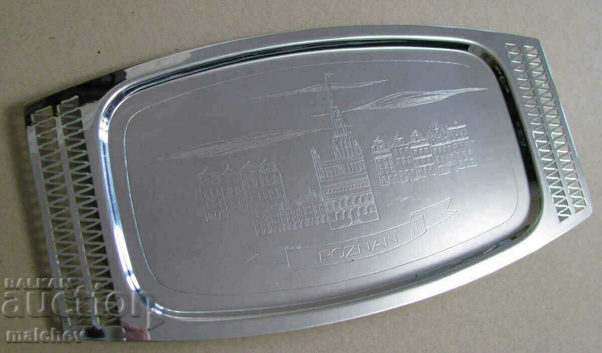 Old Polish metal stainless tray "Poznan" 38 cm, excellent