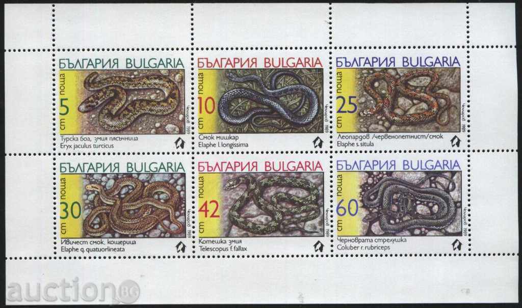 Καθαρά γραμματόσημα σε μικρό φύλλο Fauna Snakes 1989 από τη Βουλγαρία