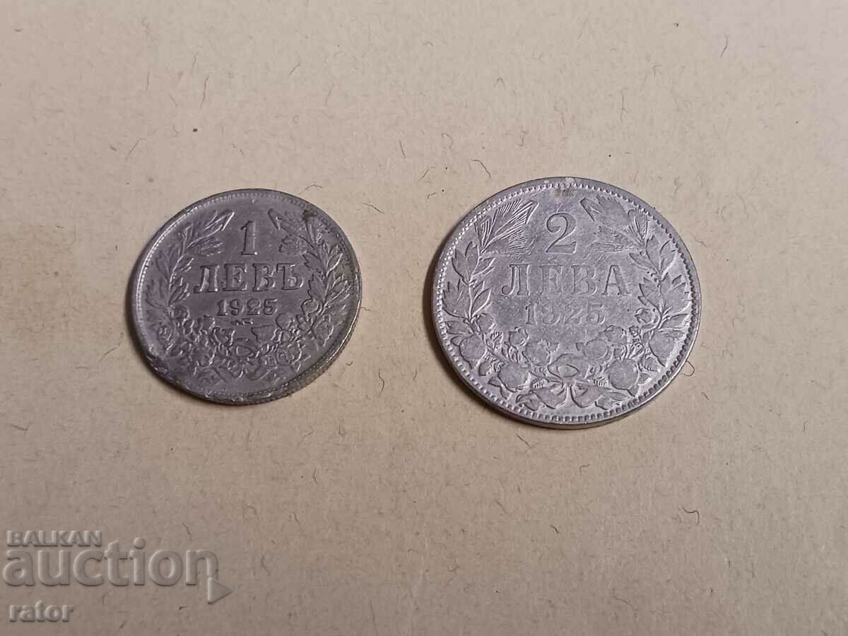 Монети 1 лев и 2  лева 1925 г.  Царство България . Монета