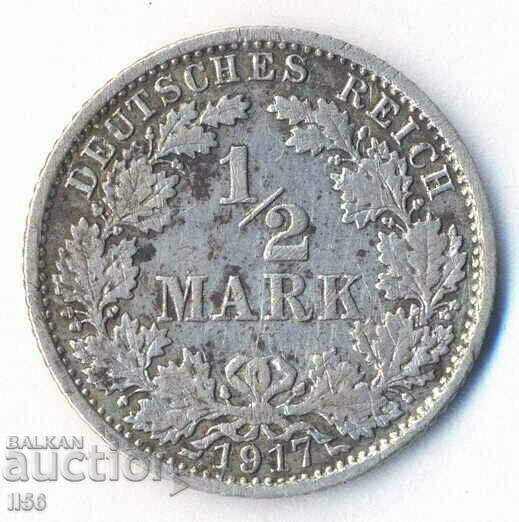 Германия - 1/2 марка 1917 - Карлсруе (G) - сребро