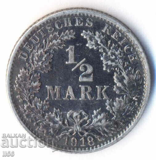Германия - 1/2 марка 1918 - Карлсруе (G) - сребро - RR!