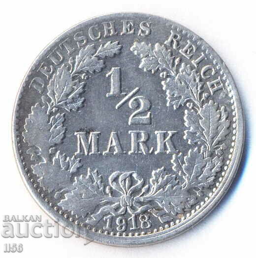 Германия - 1/2 марка 1918 - Хамбург (J) - сребро