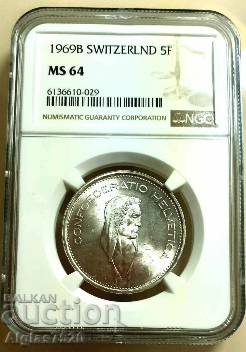 5 франка/сребро/1969г MS 64- Швейцария