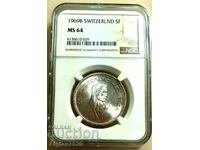 5 francs/silver/1969 MS 64- Switzerland