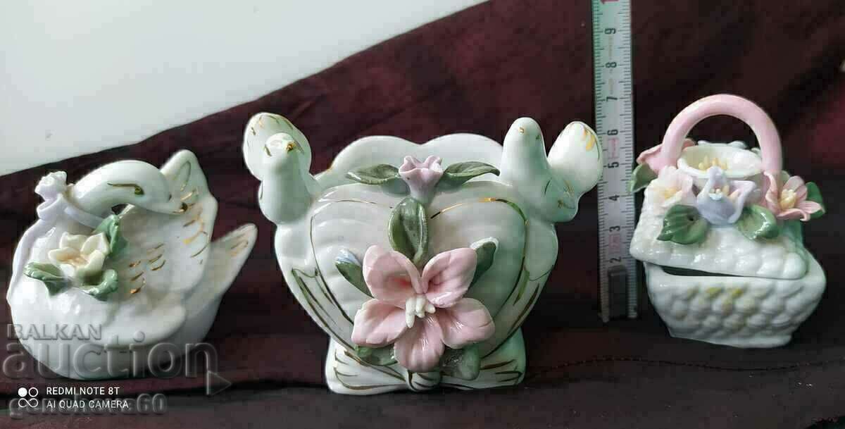 Vintage floral porcelain swan, box, napkin holder