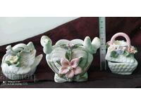 Vintage floral porcelain swan, box, napkin holder