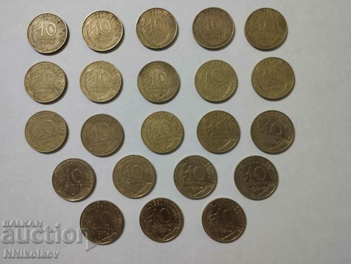 Лот монети Франция 22 бр. различни по 10 сантима