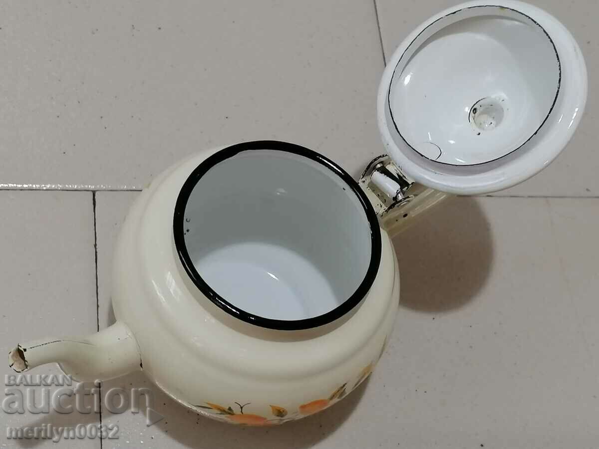 Auction Enamelled teapot made of salt container with enamel Auction Enamelled teapot made of salt container with enamel