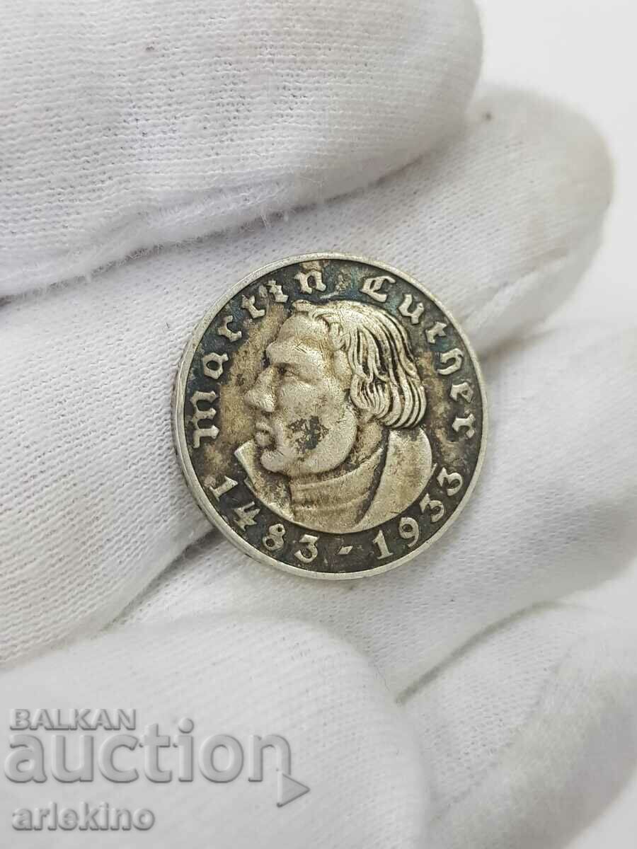Много рядка германска монета 2 марки Martin Luther 1483-1933