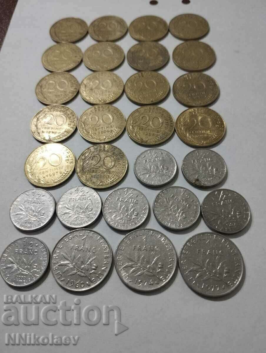 Лот монети Франция 29 бр. различни 20 сантима, 1/2 и 1 франк