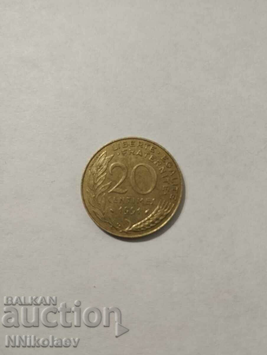 Франция 20 сантима 1991г. с цена 1.00 лв. | € 0.51 Франция 20 сантима 1991г. с цена 1.00 лв. | € 0.51