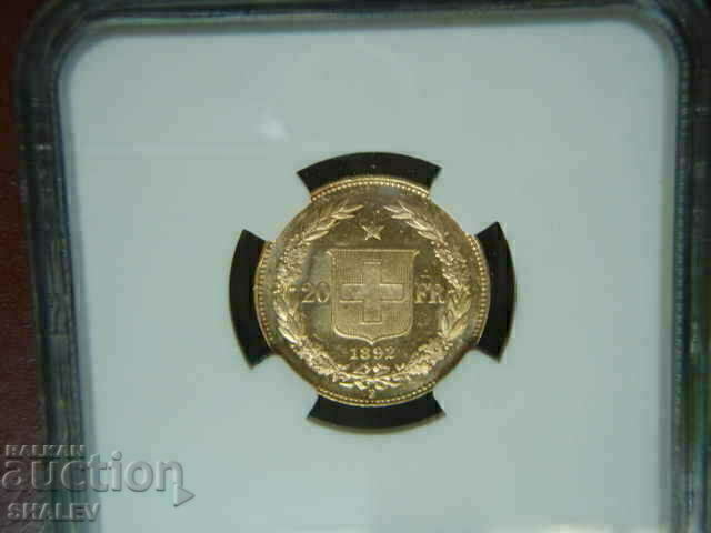 20 Francs 1892 Switzerland (Швейцария) - MS62 (злато) - 7