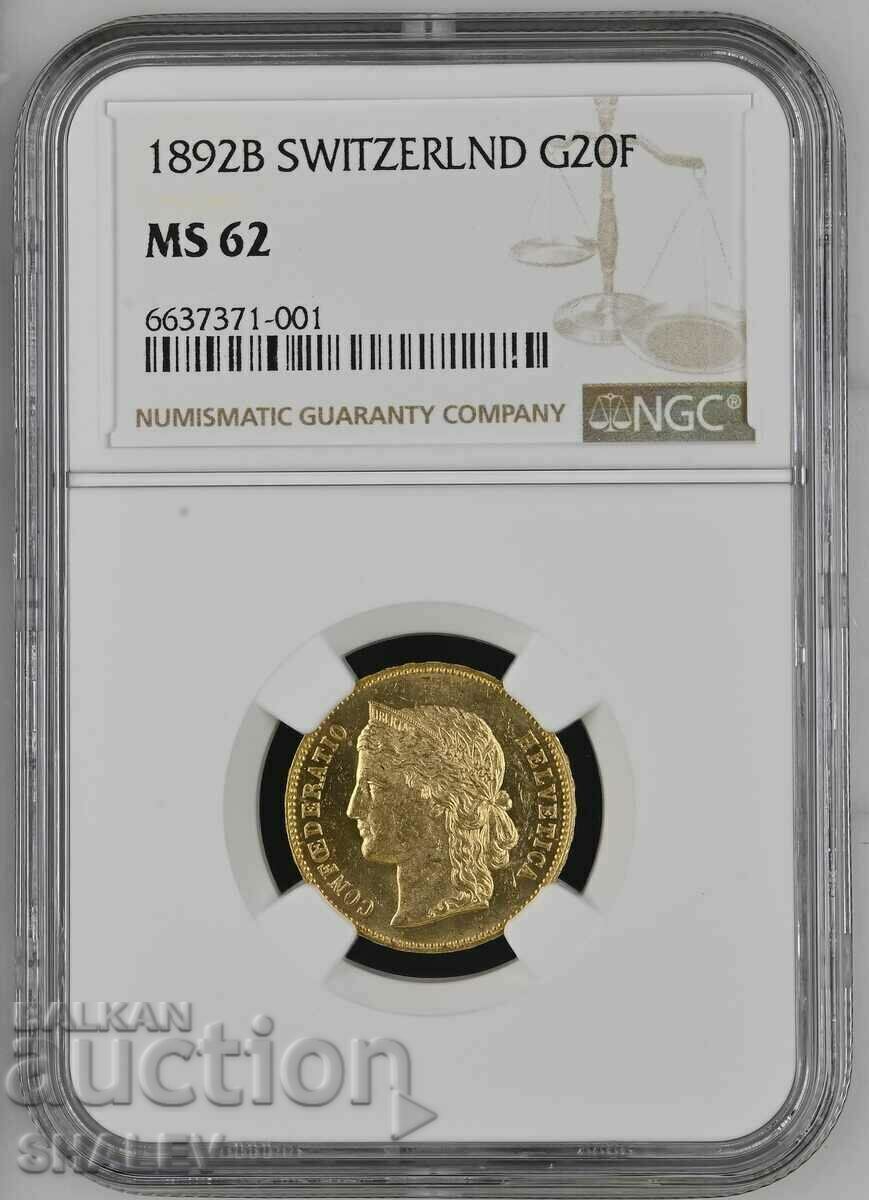 20 Francs 1892 Switzerland (Switzerland) - MS62 (gold)