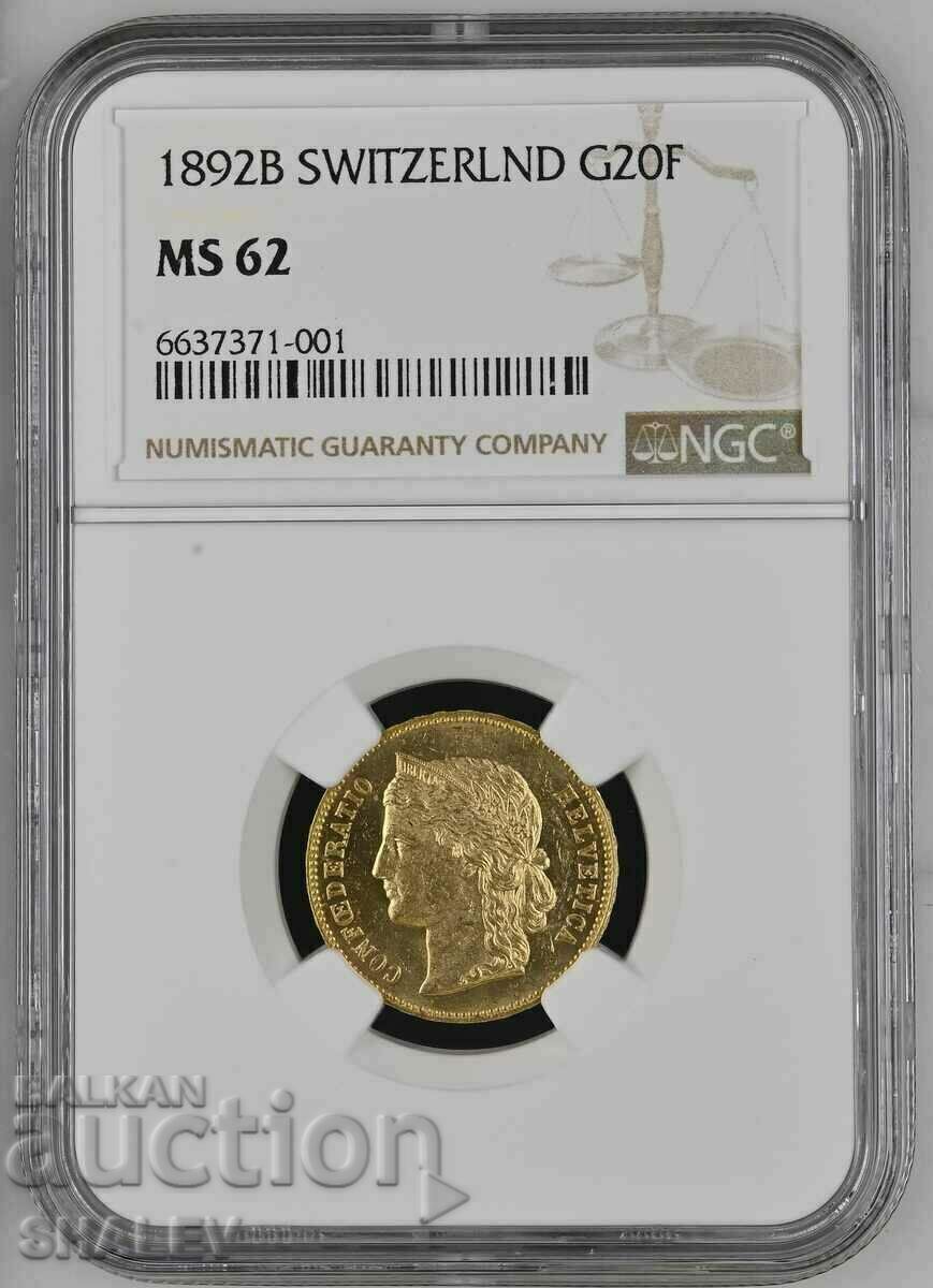 20 franci 1892 Elveția (Elveția) - MS62 (aur)